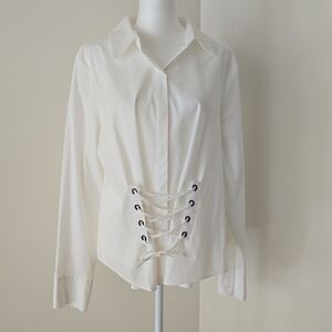 INC International Concepts White Lace-Up Front Button Down Shirt